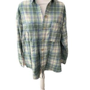 NWOT Pink Lily Blue Green Plaid Flannel Button Down Heavy Shirt Shacket Small